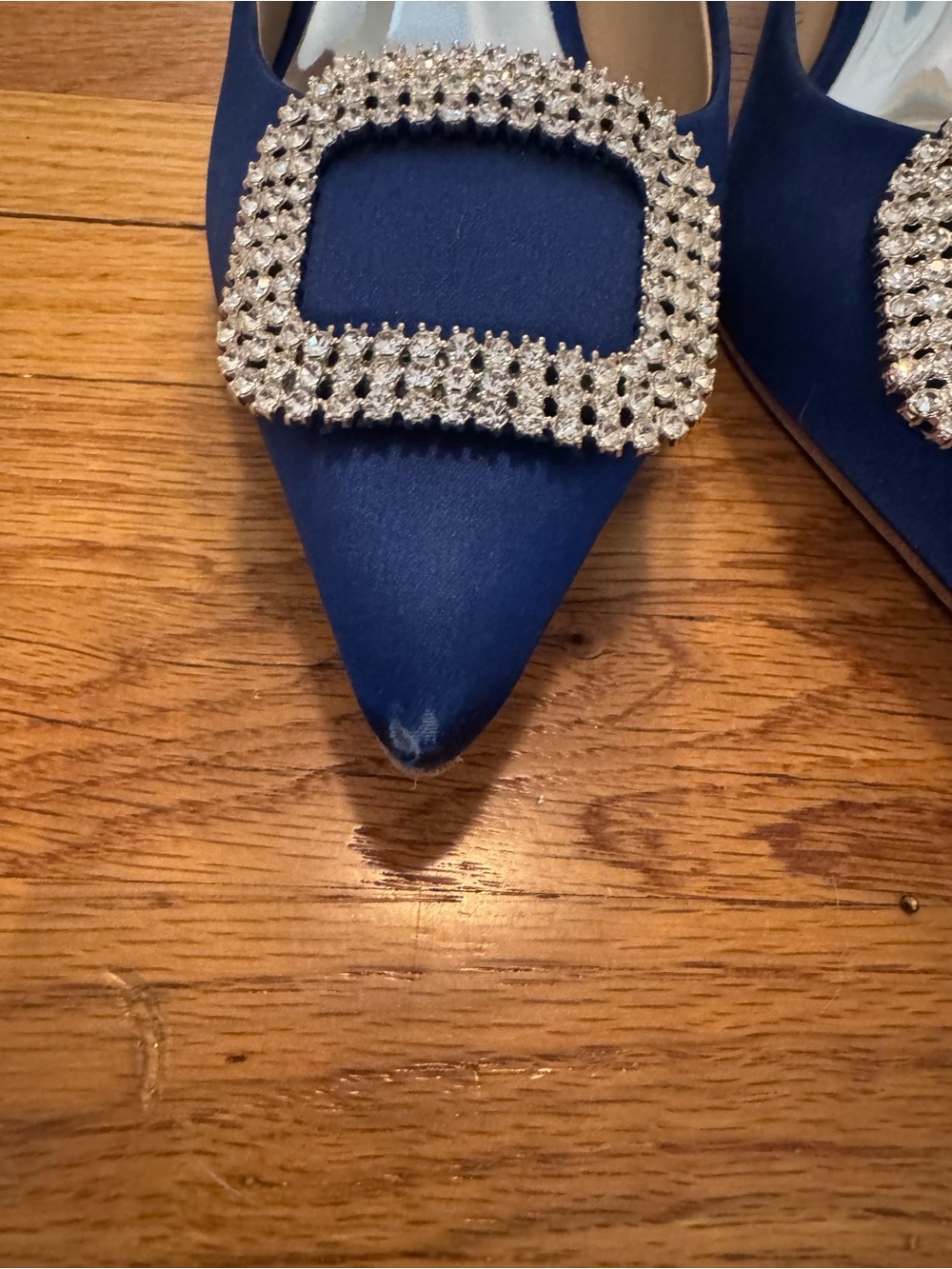 Badgley Mischka Sapphire Blue Satin Pointed-Toe Pumps with Crystal Buckle - Picture 2 of 4